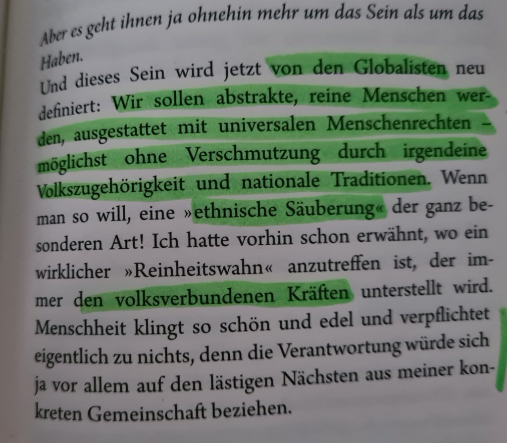 Textausschnitt aus „Nie zweimal in denselben Fluss. Björn Höcke im Gespräch mit Sebastian Hennig. Mit einem Vorwort von Florian Böckelmann“, Lüdinghausen und Berlin 2018, S. 203.
